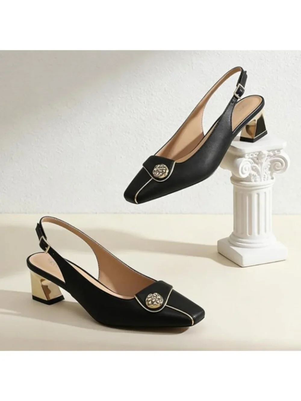 Women's Slingback Chunky Block Heels Closed Square Toe Pumps Low Heel Black - Picture 3 of 6